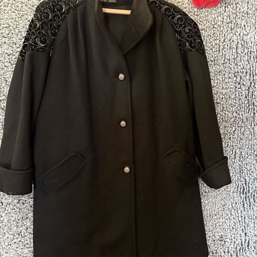Vintage Black Wool Blend Overcoat Women's M Long Sleeve Button Casual